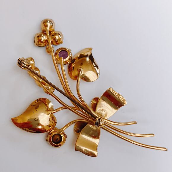 Mid Century Gold Vermeil Sterling Rhinestone Floral Spray Bow Brooch 1940s 1950s - Picture 7 of 8